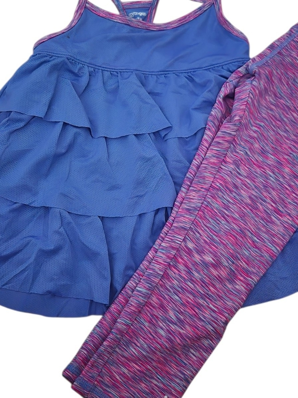 Gymboree Gymgo Blue Ruffle Tank with Pink-Purple Space-Dyed Capri Leggings 7/8